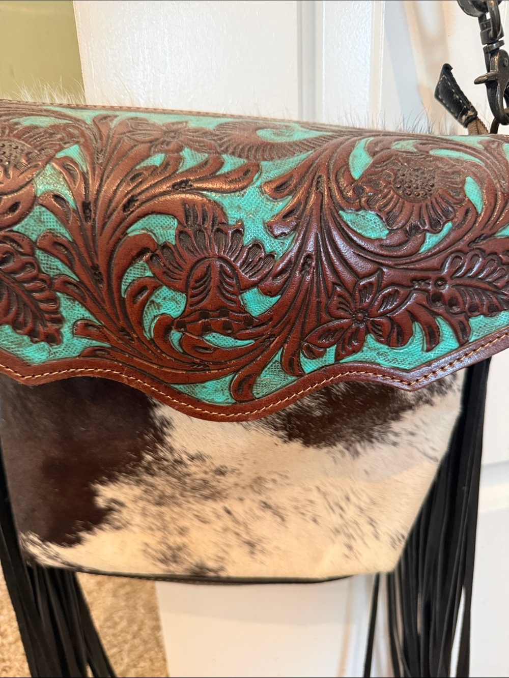 Myra Bag Turquoise and Brown Tooled Leather Cowhide Fringe Crossbody - Picture 2 of 9